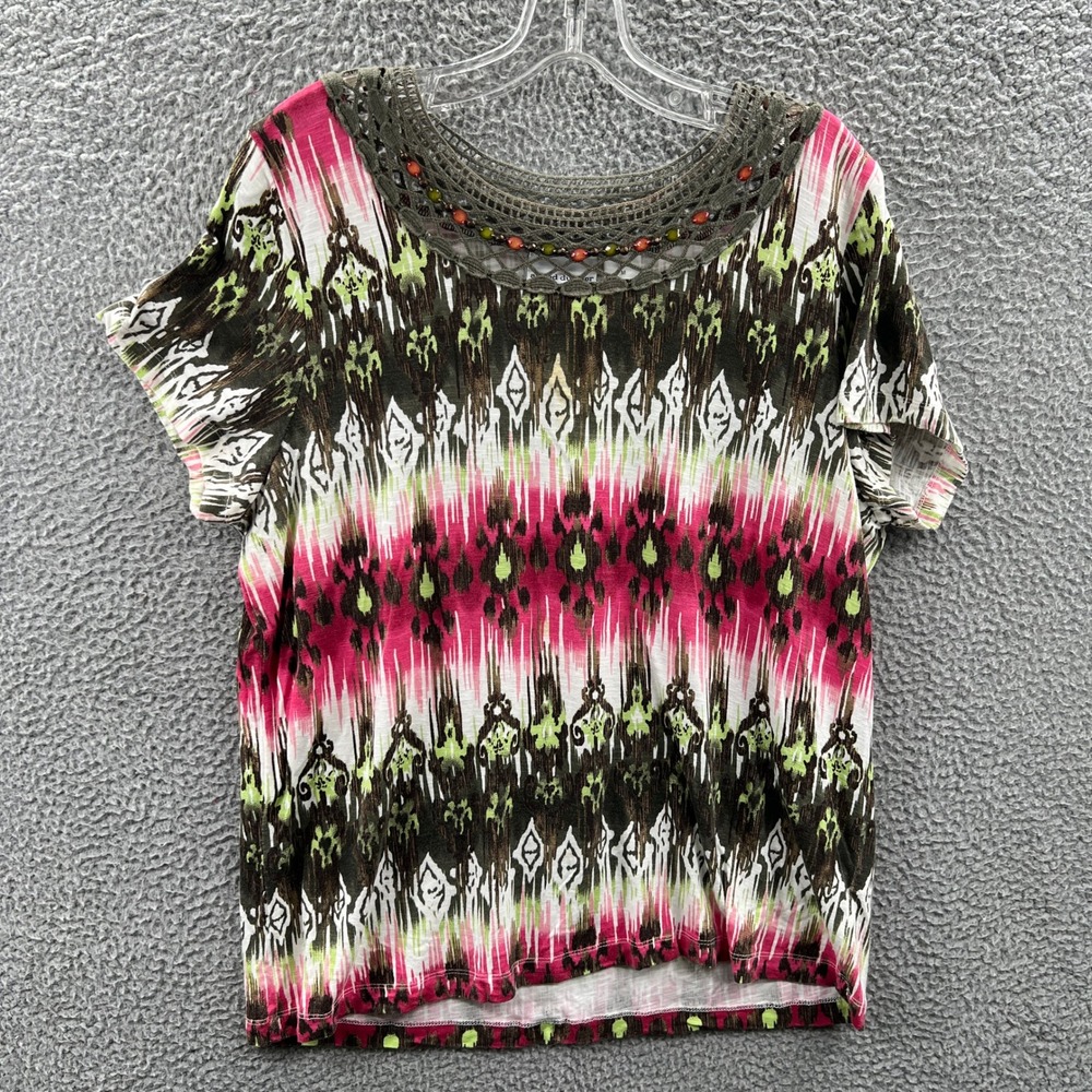 Womens Boho Knit Top M Crochet Beaded Abstract Ikat Artsy Casual Southwest Style